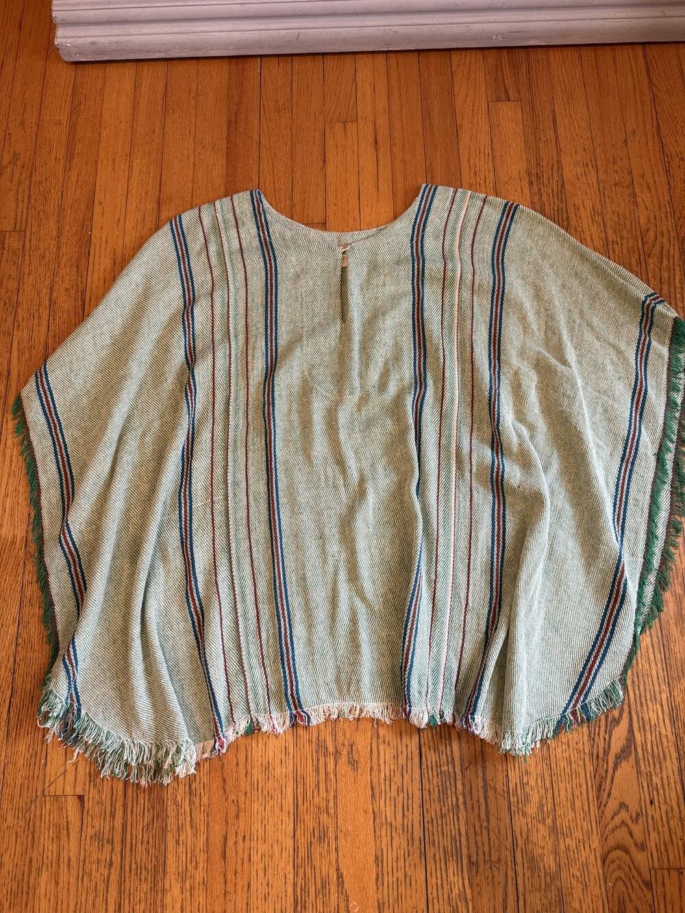 Jen's Pirate Booty Poncho Womens One Size Green Stripe Fringe Boho Serape Ruana